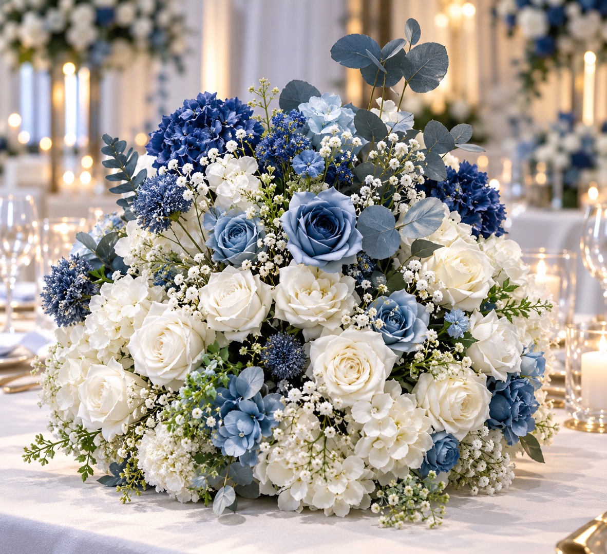Boule de fleurs blanches et bleues – 80 cm