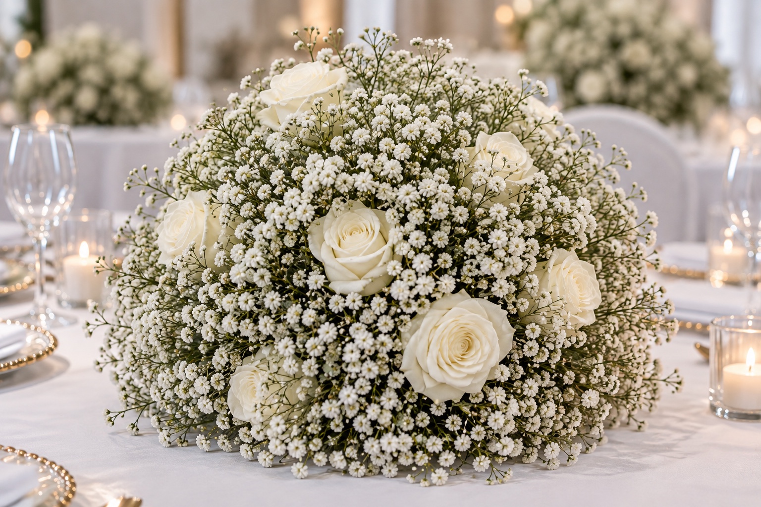 Boule de gypsophile et roses blanches – 60 cm